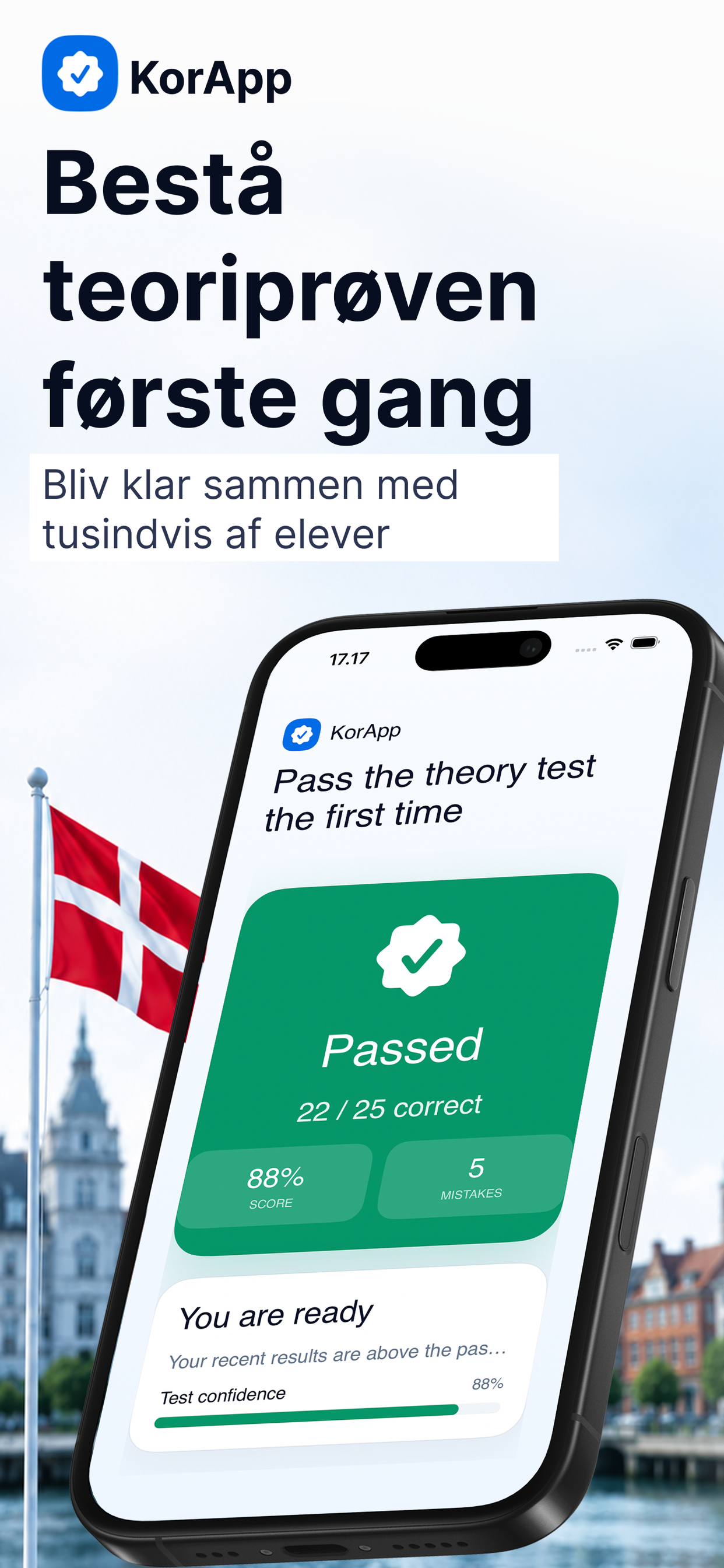 KørekortKlar App Store screenshot med bestået teoriprøve resultat